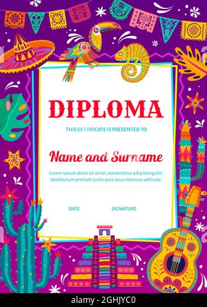 Certificato di diploma per bambini con sombrero messicano, camaleonte e toucan, chitarra, cactus. Diploma di educazione per bambini, modello di certificato vettoriale con m Illustrazione Vettoriale