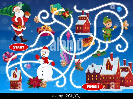 Labirinto di labirinti per bambini con personaggi e regali natalizi. Bambino trovare modo esercizio, bambini percorso di ricerca gioco. Babbo Natale con albero di Natale, el Illustrazione Vettoriale