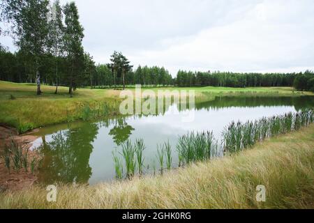 Lago circondato dal verde sul territorio del golf club. Serbatoio artificiale. Foto Stock