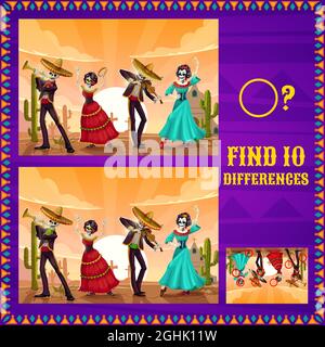Dia de los Muertos Mexican Holiday labirinto, bambini istruzione gioco vettoriale design. Trova 10 differenze puzzle, gioco di memoria corrispondenti immagini riddle con giorno Illustrazione Vettoriale