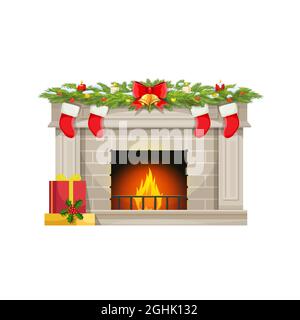 Camino di Natale con calze per regali su camino, vettore Natale fuoco festa. Decorazioni dell'albero di Natale, agrifoglio e candele con campana d'oro su ribo Illustrazione Vettoriale