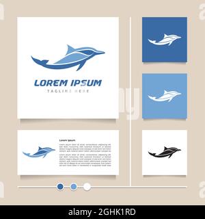 Design con logo Creative idea Dolphin di colore blu moderno. Carino Fish icona e simbolo disegno vettore Illustrazione Vettoriale