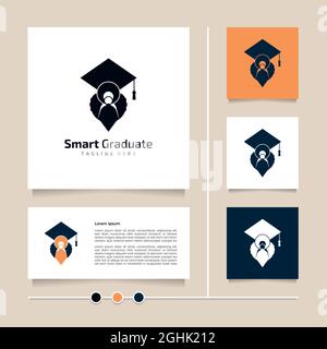 Design del logo Creative idea Smart laureato. Icona vettoriale piatta e simbolo concetto graduato Illustrazione Vettoriale