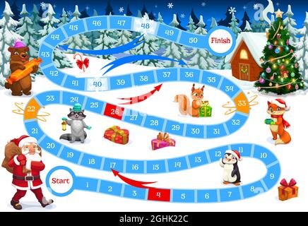 Gioco da tavolo con il modello vettoriale del puzzle percorso di Natale.  Sfondo delle vacanze invernali con gioco da tavolo dei dadi, gradini e  frecce numerati, cartone animato Babbo Natale Immagine e