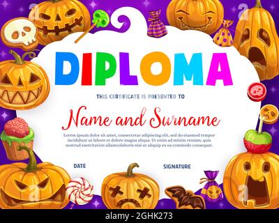 Bambini diploma cartone animato divertente Halloween zucche e dolci. Certificato vettoriale con Jack-o-Lanterns, biscotti con cranio e caramelle. Cornice premio con ch Illustrazione Vettoriale