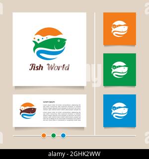 Design creativo del logo del mondo dei pesci vettoriali con moderno colore arancione, blu e verde. Logo Sea ​​world Illustrazione Vettoriale