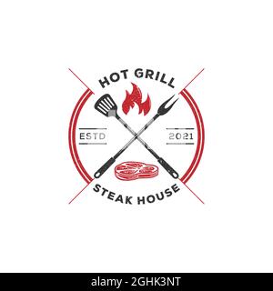 Steak House logo rustico emblema, Vintage retro Campagna BBQ Grill vettore illustrazione simbolo Illustrazione Vettoriale