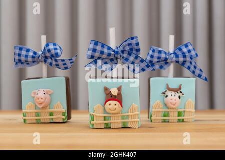 pop di cioccolato quadrato decorato in tema fattoria. Caramelle decorate con marzapane a forma di animali dietro la recinzione - maiale, cavallo e mucca. Foto Stock