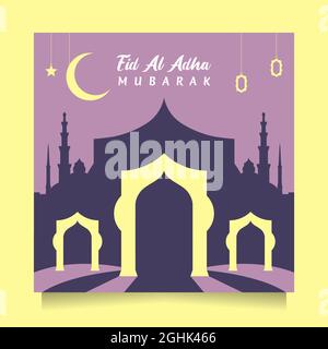 Flat design Eid al adha social media post saluto con moderno viola. Illustrazione del vettore quadrato sfondo islamico con moschea bella ed unica Illustrazione Vettoriale