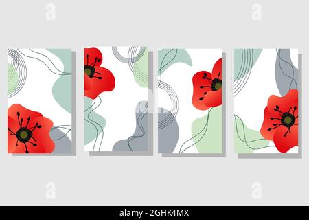 Set di carte floreali. Papaveri e spot astratti. Illustrazione vettoriale isolata su sfondo bianco. Illustrazione Vettoriale