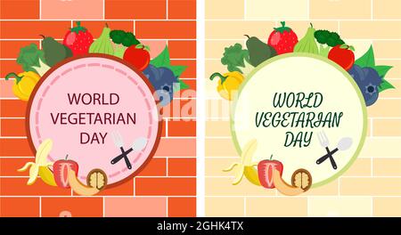 World Vegetarian Day cartoon carino Vector Illustrazione di vari tipi di verdure o frutta come broccoli, carote, pomodori e altri per il principale Illustrazione Vettoriale