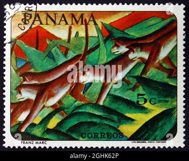 PANAMA - CIRCA 1967: Un francobollo stampato a Panama mostra scimmie, pittura animale di Franz Marc, pittore tedesco, circa 1967 Foto Stock