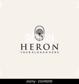 Logo HERON ovale in erba dal design minimalista Illustrazione Vettoriale