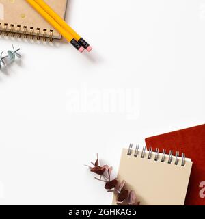 Notebook, matita, foglia di eucalipto su sfondo bianco. Disposizione piatta, vista dall'alto, spazio di copia. Spazio di lavoro Foto Stock