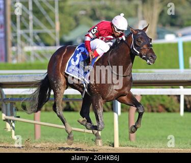 Saratoga Springs, Stati Uniti. 06 settembre 2021. Gunite #3, guidato da Ricardo Santana, Jr. Vince la speranza (Gr.i) al Saratoga Race Course di Saratoga Springs, New York lunedì 6 settembre 2021. Foto di Mark Wyville/UPI Credit: UPI/Alamy Live News Foto Stock