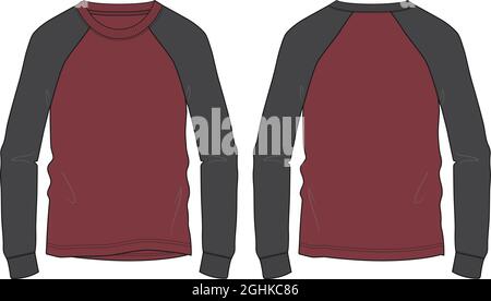 Manica lunga Raglan con felpa di colore rosso e nero tuta tecnica di moda disegno piano modello vettoriale vista frontale e posteriore isolato su bianco Illustrazione Vettoriale