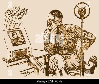 Notizie del mondo Hitler Cartoon 27 agosto 1939 (quattro giorni prima dell'inizio della seconda guerra mondiale. Il televisore reca un'etichetta che recita 'A Present from Radiolympia. Radiolimpia, nota anche come radio Show, è stata un'esposizione pionieristica di apparecchiature radio e televisive, che si tiene ogni anno all'Olympia di Londra, in Inghilterra. La prima trasmissione televisiva ad alta definizione è stata effettuata in un test della BBC dalla mostra il 26 agosto 1936, il giorno prima della comparsa del cartone animato sul giornale. Foto Stock