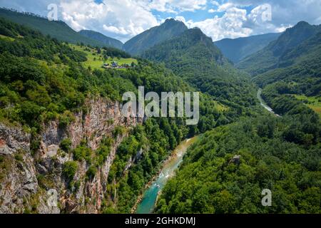 Pittoresco canyon del fiume Tara tra le alte montagne ricoperte di verde foresta. Montenegro. Foto Stock