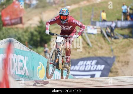 Lenzerheide, Schweiz. 4. Settembre 2021. Luca Shaw USA da SANTA CRUZ SYNDICATE während des Downhill Finals der Herren am UCI Mountain Bike WeltCup 2 Foto Stock