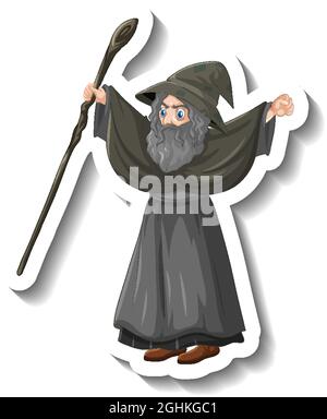 Vecchio mago che tiene lo staff cartoon personaggio illustrazione Illustrazione Vettoriale