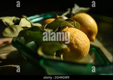 Tre limoni su un piatto di vetro Foto Stock