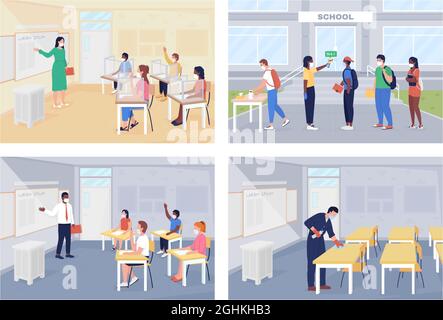 Dopo le regole pandemiche covid al set di illustrazione di vettore di colore piatto della scuola Illustrazione Vettoriale