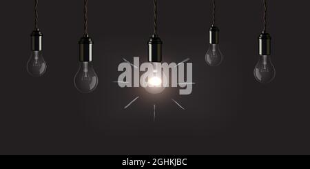 Lampadine appese al set di filamenti. Design moderno con illustrazione vettoriale su lavagna. Incandescente e spento lanterne in vetro con corde da Illustrazione Vettoriale