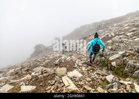 Scrambling giù il terreno roccioso dalla cima di Glyder Fach, la riserva naturale di CWM Idwal, il parco nazionale di Snowdonia, Galles, Regno Unito Foto Stock