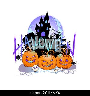 Illustrazione di Halloween con Pumpkins carino, castello sinistro, cranio e scritta su uno sfondo bianco. Stile cartoon. Illustrazione Vettoriale