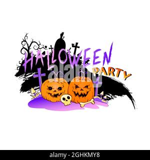 Illustrazione vettoriale con pumpkins sorridenti, cranio e scritta Halloween partito su uno sfondo bianco. Stile cartoon. Illustrazione Vettoriale