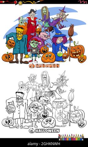 Illustrazione cartoon di Halloween caratteri spooky gruppo colorare pagina libro Illustrazione Vettoriale