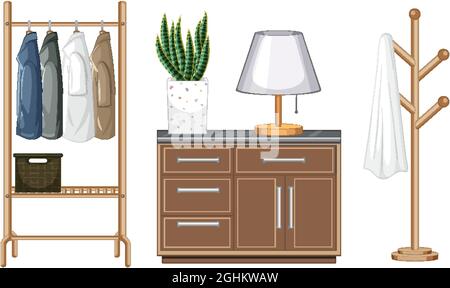Set di mobili per la passeggiata in armadio interno design su sfondo bianco illustrazione Illustrazione Vettoriale