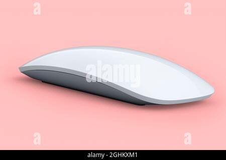 Mouse per computer bianco realistico con touch isolato su sfondo rosa. Rendering 3D del trackpad wireless per notebook per l'ufficio domestico e l'area di lavoro Foto Stock