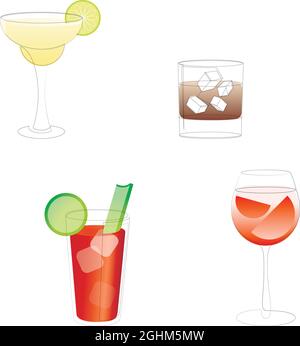 Set di cocktail di linea margarita, russo bianco o whiskey con ghiaccio, sangue maria e aperol spritz disegno su sfondo bianco. Illustrazione Vettoriale