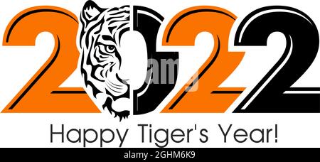 Felice anno nuovo 2022. Anno della tigre, disegno della tigre faccia in bianco e nero linee e numeri 2022 per poster, brochure, banner, carta di invito. Vettore il Illustrazione Vettoriale