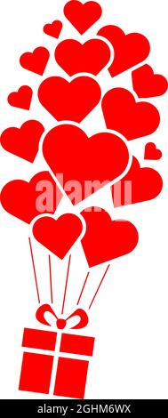 Il regalo vola sui palloncini d'aria nella forma dei cuori. Modello per biglietto d'auguri, volantino, poster giorno di San Valentino. Vettore su sfondo trasparente Illustrazione Vettoriale