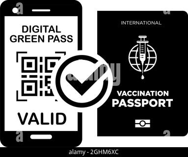 Passaporto di vaccinazione internazionale e green pass digitale su smartphone. Icone vettoriali su sfondo trasparente Illustrazione Vettoriale