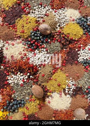 Composizione ad alto angolo di condimento fragrante assortito, tra cui la paprika curcuma e la bacca secca, disposti insieme su un tavolo Foto Stock