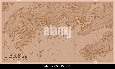 Antico astratto rilievo terra vecchia mappa. Generata mappa concettuale di elevazione vettoriale del paesaggio fantasy. Illustrazione Vettoriale