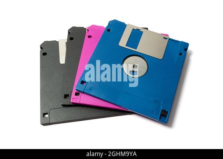 Vecchi dischi floppy su sfondo bianco Foto Stock
