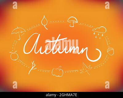 Lettere autunnali e scarabocchi. Composizione orizzontale. Illustrazione vettoriale, design piatto Illustrazione Vettoriale