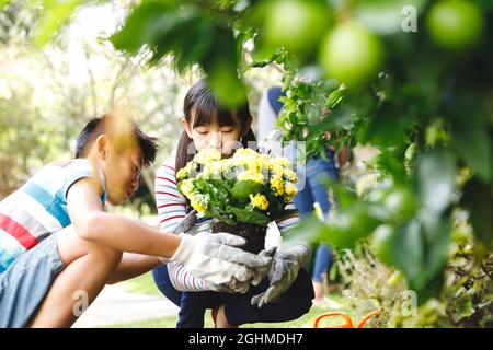 Felice fratello asiatico e sorella sorridendo, indossando guanti e tenendo in giardino la pianta vaso fiorita Foto Stock