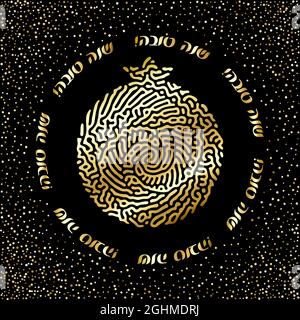 Biglietto d'auguri Rosh Hashanah Hashana, Capodanno ebraico. Shana tova in ebraico, hanno un buon anno. Icona a forma di melograno d'oro su sfondo nero confetti gr Illustrazione Vettoriale