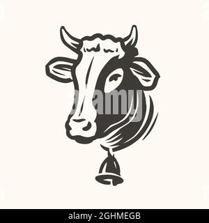 Logo del ritratto della testa di mucca. Caseificio, latte fresco, simbolo di carne bovina. Illustrazione del vettore animale di fattoria Illustrazione Vettoriale