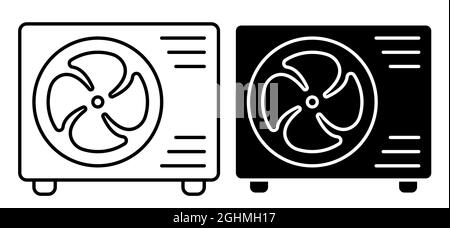 Icona lineare. Unità aria condizionata esterna con ventola. Riscaldamento e raffreddamento della stanza. Mantenere una temperatura confortevole in ufficio. Semplice in bianco e nero v Illustrazione Vettoriale