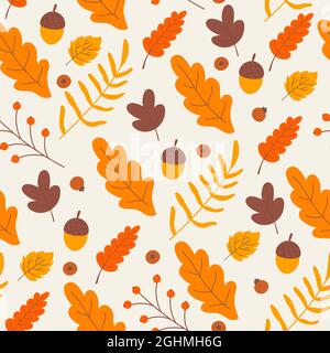 Autunno senza cuciture pattern, caduta foglie di quercia foglia con acorns texture vettore illustrazione. Cartoon marrone arancio fogliame, albero foglie rami natura piante sfondo Illustrazione Vettoriale