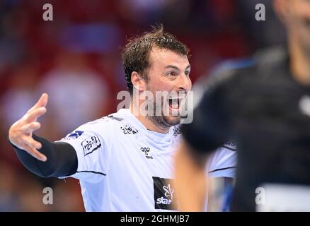 Dusseldorf, Germania. 2021 set 2021. Jubilation Domagoj DUVNJAK (KI) Handball Super Cup 30, THW Kiel (KI) - TBV Lippe Largo 29:04.09.2021, on a Duesseldorf/Germania. Â Credit: dpa/Alamy Live News Foto Stock