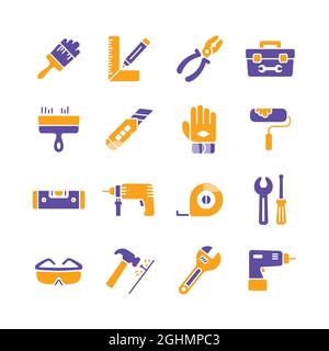 Icone glyph degli strumenti di costruzione, costruzione e riparazione domestica. Simbolo grafico per la progettazione del sito Web, il logo, l'app, l'interfaccia utente. Illustrazione vettoriale, EPS10 Illustrazione Vettoriale