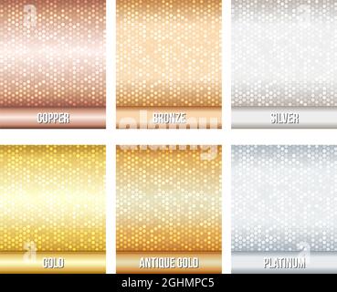 Set di lussuosi sfondi a motivi geometrici in argento dorato metallizzato, illustrazione vettoriale. Bronzo, argento, oro, rame, platino, oro antico. Per di Illustrazione Vettoriale