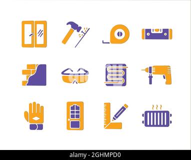 Set di costruzione di edificio e riparazione casa glifi icone. Simbolo grafico per la progettazione del sito Web, il logo, l'app, l'interfaccia utente. Illustrazione vettoriale, EPS10 Illustrazione Vettoriale